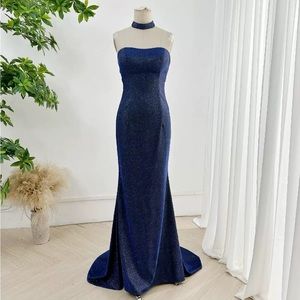 Gown size L Blue tube top,halter neck, beautiful back, slim small tail dress